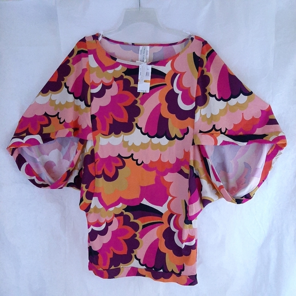 Trina Turk XL Retro Psychedelic Batwing Sleeve Mini Tunic Dress Pink Orange NWT - Picture 3 of 8